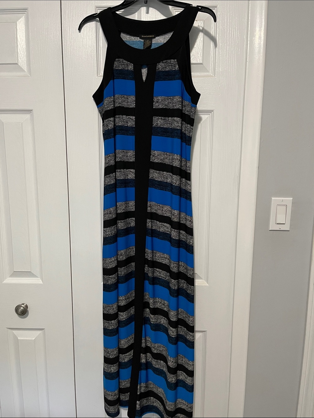 Susan Lawrence Blue, Black & Gray Striped Maxi Dress